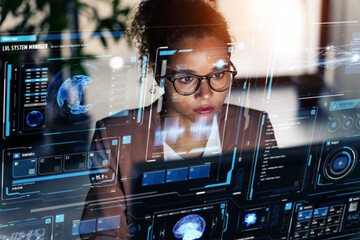 Poster - Black woman working in office and futuristic graphical user interface concept. ICT (Information Communication Technology). System engineering.