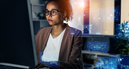 Canvas Print - Black woman working in office and futuristic graphical user interface concept. ICT (Information Communication Technology). System engineering.