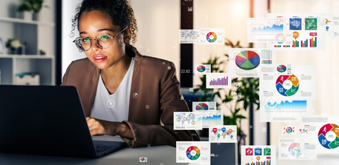 Aufkleber - Black woman working in office and digital documents concept. ICT (Information Communication Technology). System engineering.