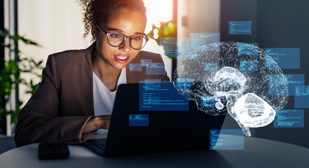 Aufkleber - Black woman working in office and conversation AI concept. Deep learning. IoT (Internet of Things). ICT (Information Communication Technology).