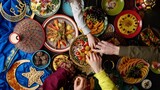 Fototapeta Tęcza - Eid holiday table. Ramadan family dinner. Breaking Fast, iftar. Arabic Middle Eastern traditional cuisine