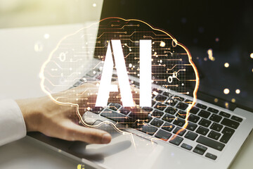 Poster - Double exposure of creative human brain microcircuit with hand typing on computer keyboard on background. Future technology and AI concept
