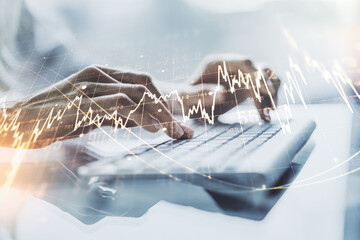 Poster - Multi exposure of abstract financial diagram with hand typing on computer keyboard on background, banking and accounting concept