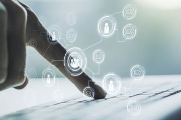 Poster - Social network media concept with hands typing on computer keyboard on background. Double exposure