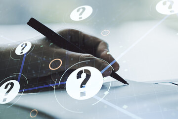 Aufkleber - Creative concept of question mark illustration and man hand writing in notebook on background. FAQ and search concept. Multiexposure