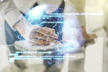 Aufkleber - Multi exposure of abstract graphic coding sketch with world map and man hand writing in diary on background, big data and networking concept