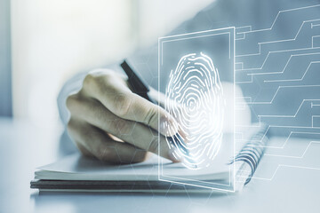 Aufkleber - Double exposure of abstract creative fingerprint hologram with man hand writing in notebook on background, research and development concept