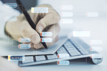 Poster - Double exposure of abstract programming language with hand writing in notebook on background with laptop, research and development concept