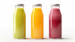 Fresh fruit smoothies in glass bottles, a vegetarian concept