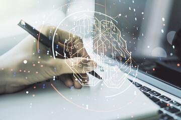 Poster - Double exposure of creative human brain microcircuit with hand writing in notepad on background with laptop. Future technology and AI concept