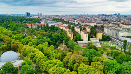 Wall Mural - Aerial view of Prater amusement park and Vienna cityscape, Austria