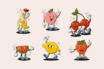 Wall Mural - Retro Cartoon Character Fruit Set. Vector Funny Illustration with Banana, Cherry, Lemon, Strawberry, Watermelon, Peach
