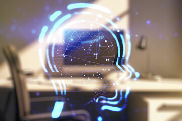 Poster - Creative artificial Intelligence concept with human head sketch and modern desktop with pc on background. Double exposure