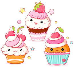 Wall Mural - Set of cute sweet desserts in kawaii style with smiling face and pink cheeks. Cake, muffin and cupcake with whipped cream, cherry and strawberry. Vector illustration EPS8