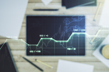 Poster - Double exposure of abstract creative statistics data hologram and modern digital tablet on background, analytics and forecasting concept