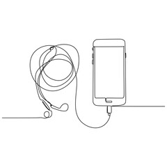 Wall Mural - one line drawing continuous design of hand phone and headset isolated on white background.