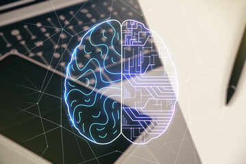Poster - Creative artificial Intelligence concept with human brain sketch on modern computer background. Double exposure