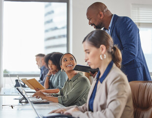 Poster - Call center training, happy and people with a manager for telemarketing support and advice. Contact us, check and a black man speaking to a customer care employee about consulting and service