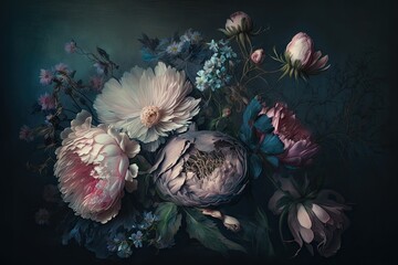 Wall Mural - Subtly textured blue and pink pastel painted flowers dark moody background. Generative AI AIG15.