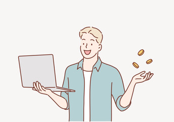 Wall Mural - man earning money. laptop. hand drawn style vector design illustrations.