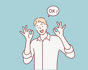 Man is showing a gesture Okay, ok. Hand drawn style vector design illustrations.