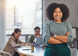 Leinwandbilder - Happy, arms crossed and portrait of business woman in meeting for planning, smile and professional. Happiness, career and workshop with female employee in office for creative, confident and startup