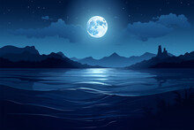 Anime Style Full Moon And Ocean Background