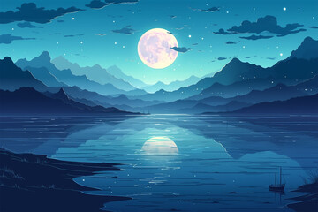 Wall Mural - anime style full moon and ocean background