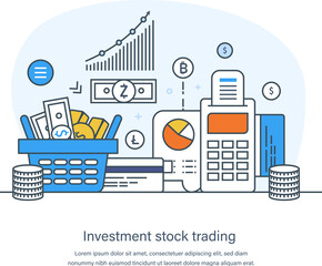 Investment stock trading, analyzing financial graphs and financial data for investing money in stock market. Financial statistics, market research and investments thin line design of vector doodles