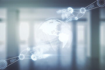 Aufkleber - Abstract virtual robotics technology hologram with globe sketch on empty corporate office background. Robot development and automation concept. Multiexposure