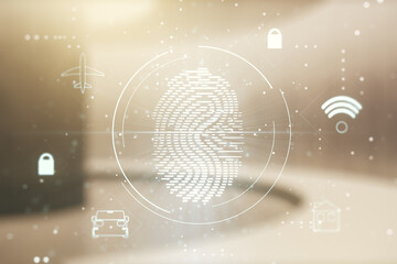 Aufkleber - Double exposure of virtual creative fingerprint hologram on empty room interior background, protection of personal information concept