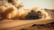 generic military armored vehicle crosses mine fields fire and smoke in the desert, wide poster design with copy space area