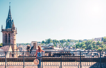 Woman looking at panoramic view of Morlaix city skyline- Finistere,  France