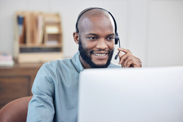 Poster - black man, call center and microphone with smile, listening computer in customer service job at offi