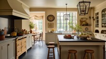 The Interior Design Of Gorgeous Antique Country Kitchen With Counter Seating In Subtle English Style. Generative AI AIG27.