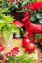Christmas Decorations, Winter Plants, Deer Figurine And Wooden Coaster