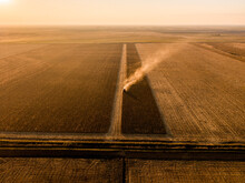 Corn Farm Harvested By Combine Harvester At Sunset