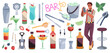 Cocktail bar tools. Professional bartender instruments, alcohol drinks creating equipment, jigger, shaker and strainer, bottles and glasses, cartoon flat isolated elements, tidy vector set