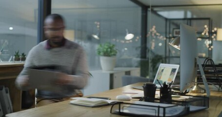Poster - Black man at computer, night and productivity time lapse, schedule and business plan deadline and paperwork. Working with project documents, phone call and busy male professional, speed and workflow