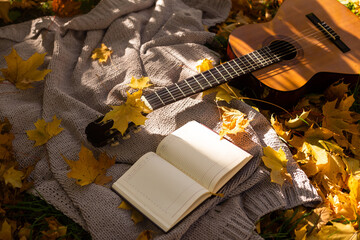 Autumn background with books, guitar and plaid