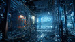Energie Explosion in einem geheimnisvoll blau gefärbtem futuristischen Raum, unzählige Glasscherben fliegen durch die Gegend - AI generated