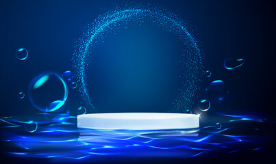 Poster - 3d White podium on blue water ocean ripples background. Liquid ripple waves stand product display skin care. Cosmetic display stands,  Skincare and medicine advertisement mock up. Vector illustration.