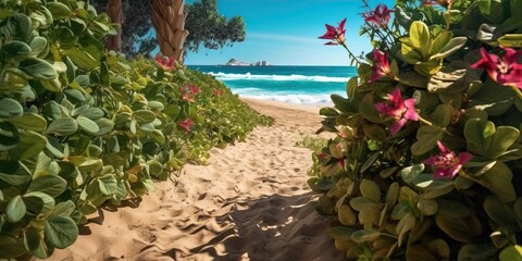 Wall Mural - Portrait hidden beach view with flower AI Generative