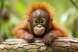Smiling Young Orangutan on Tree Branch in Forest