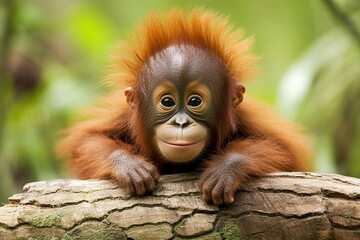 smiling young orangutan on tree branch in forest