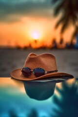 Wall Mural - Portrait sunset on the beach  with straw hat and sunglasses AI Generative