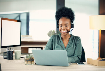 Aufkleber - Business, call center and black woman with a laptop, customer service and help with headphones. Female person, agent or employee with a pc, technology and tech support with advice, consulting and crm