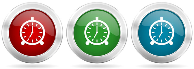 Aufkleber - Alarm vector icon set. Red, blue and green silver metallic web buttons with chrome border