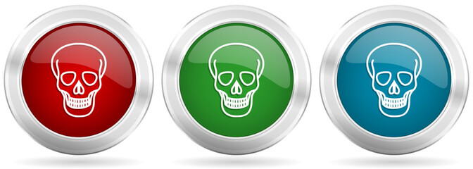 Aufkleber - Skull vector icon set. Red, blue and green silver metallic web buttons with chrome border