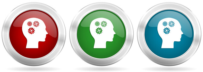 Aufkleber - Head vector icon set. Red, blue and green silver metallic web buttons with chrome border